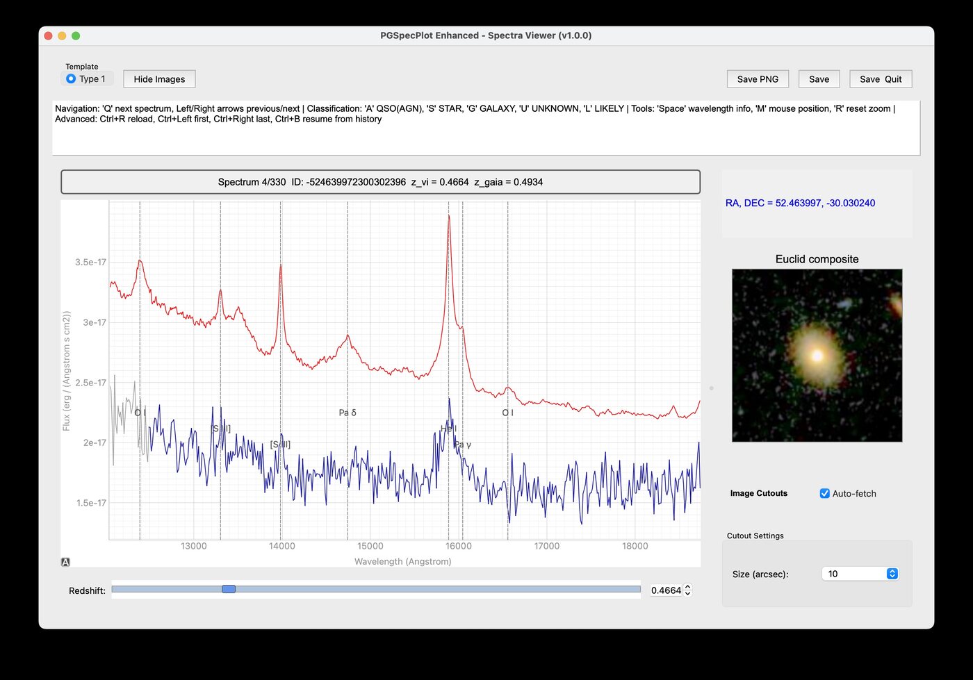The specbox enhanced spectrum viewer displaying a Euclid spectrum and image cutout